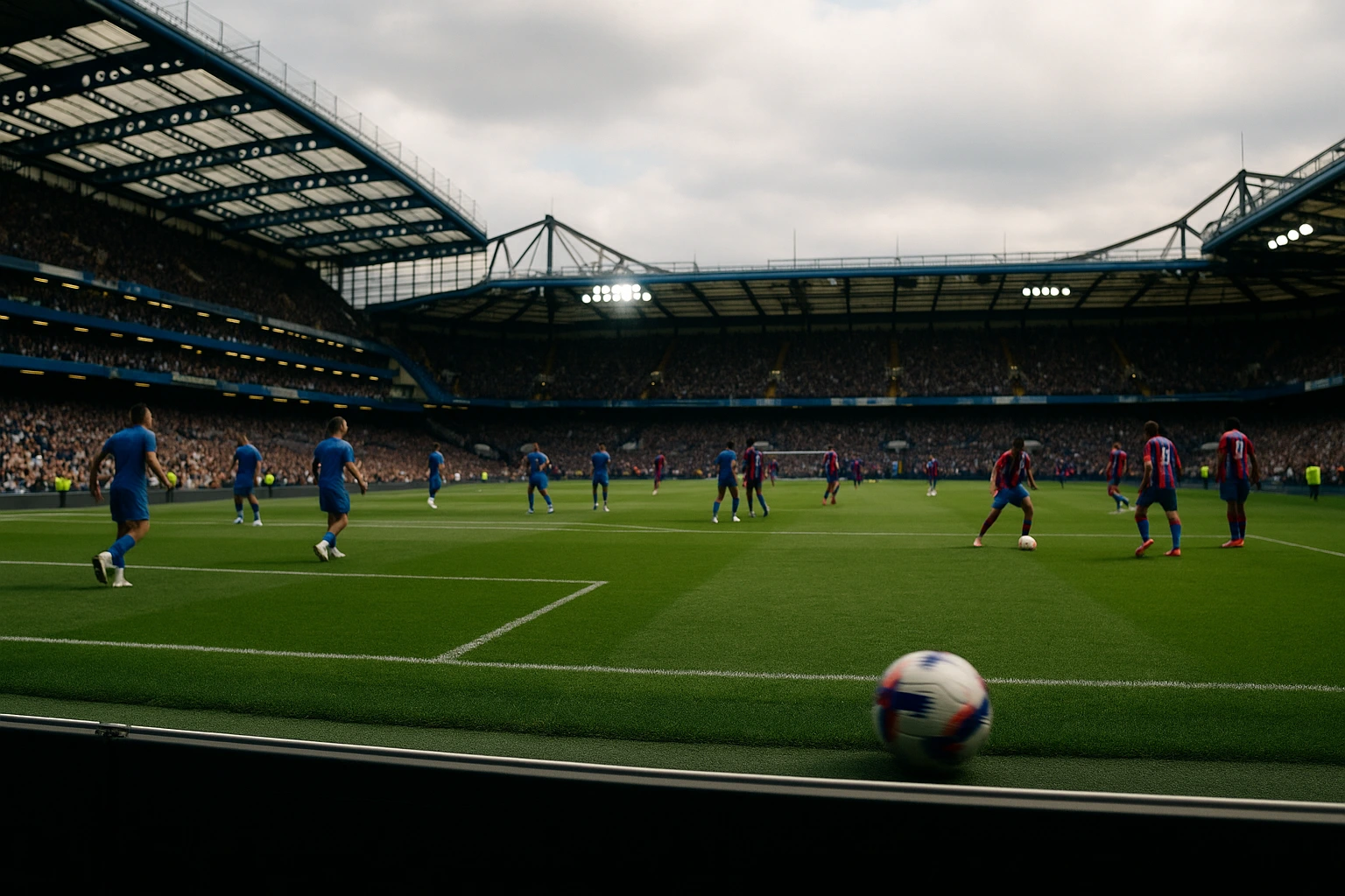 Realistic matchday scene at Stamford Bridge with Chelsea and Crystal Palace warming up under daylight