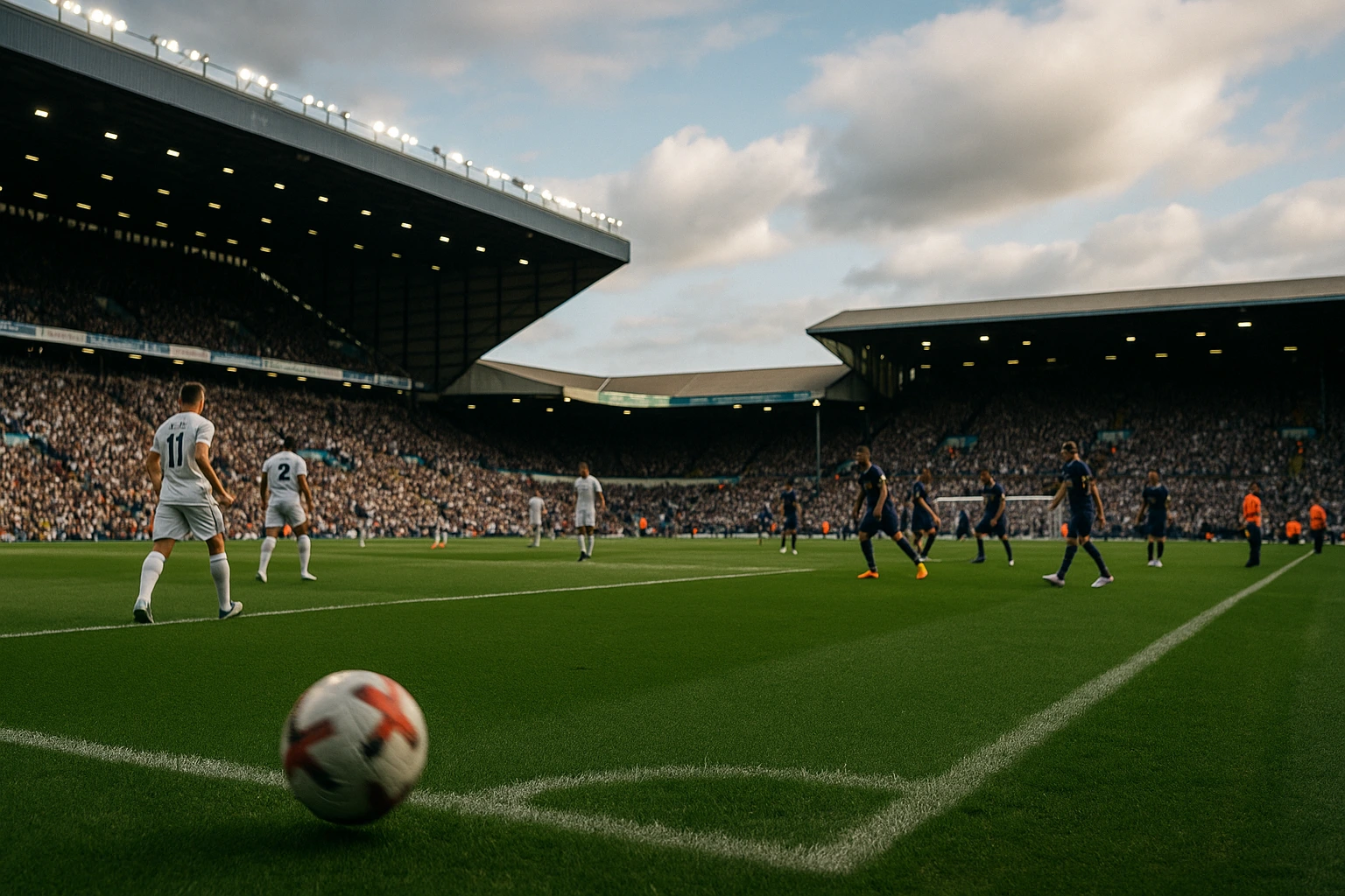 Realistic night-time matchday scene at Elland Road with Leeds and Everton warming up under floodlights